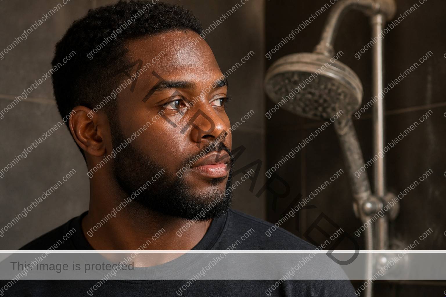 Black man assessing hard water effects on Black men skin with natural rich brown skin texture visible