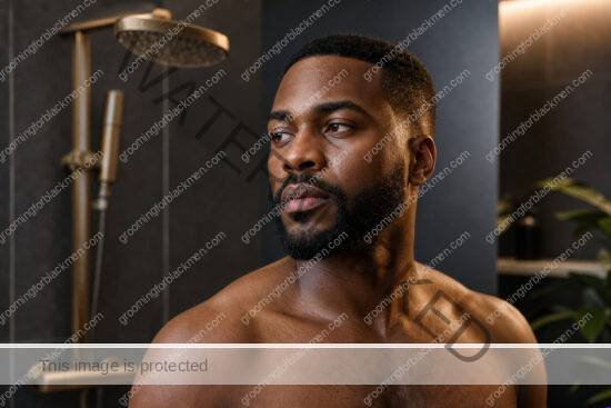 Black man in a premium editorial setting for hard water effects on Black men skin