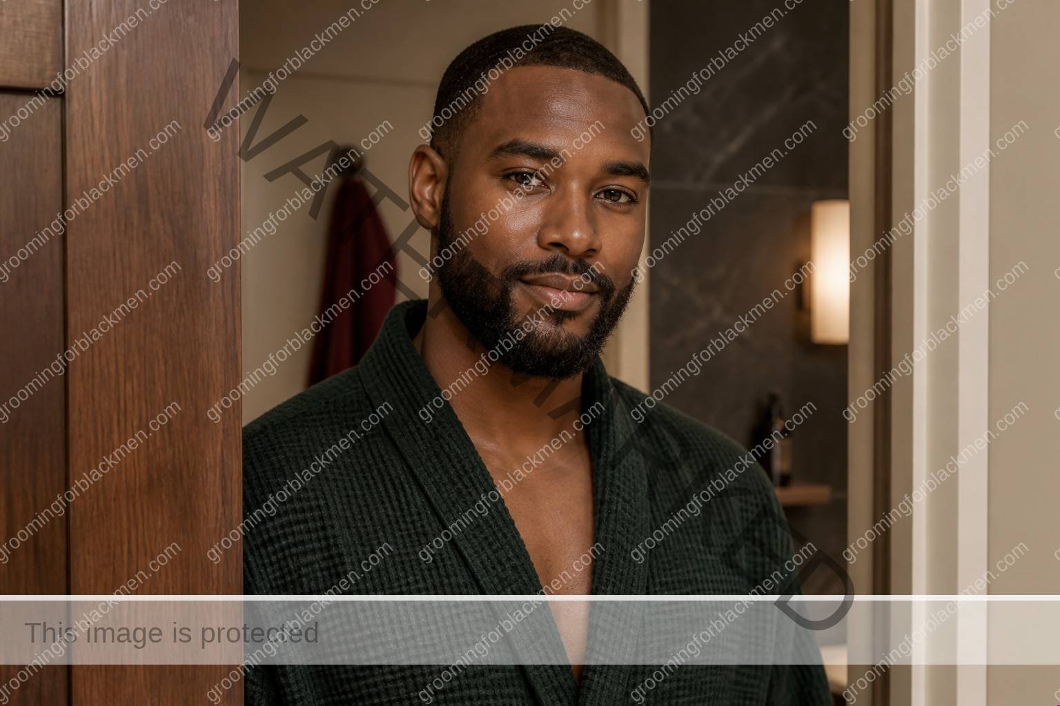 Black man completing a calm routine for hard water effects on Black men skin with realistic skin texture
