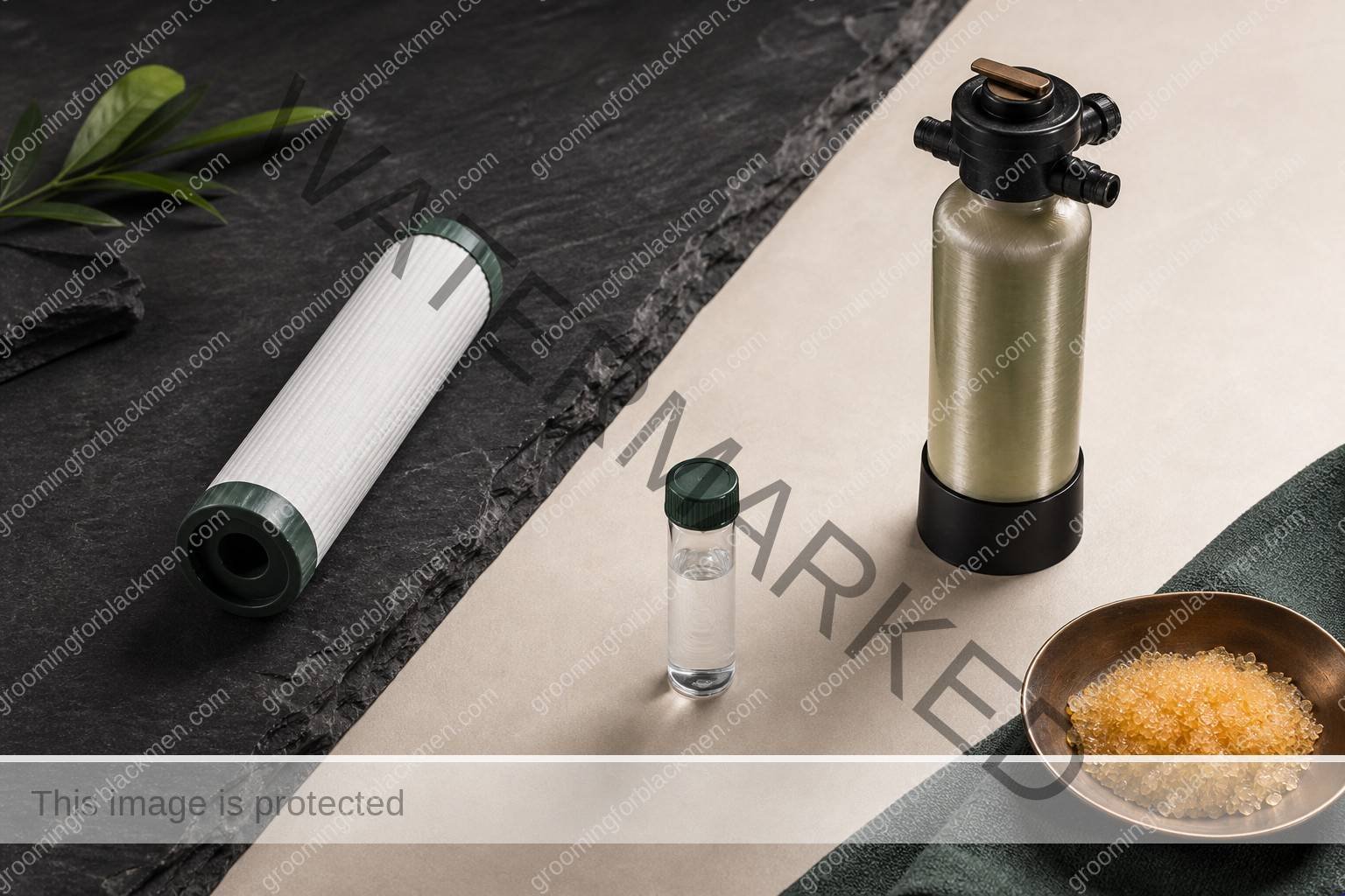 Unlabeled product types for hard water effects on Black men skin on a premium masculine vanity