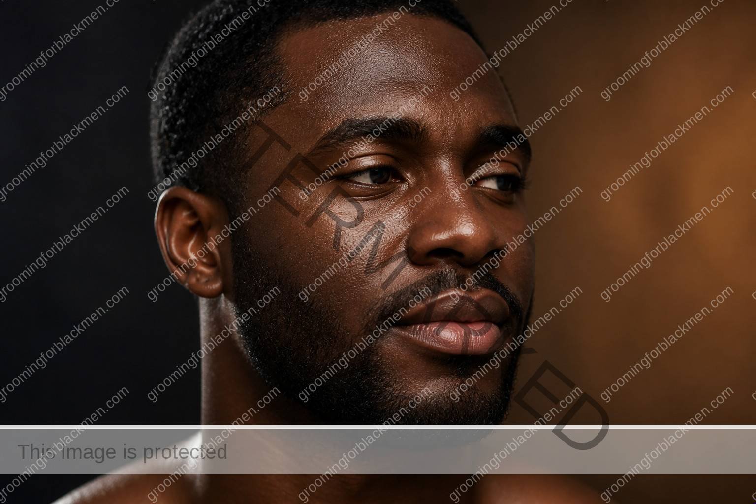 Black man using gentle skincare technique for hard water effects on Black men skin with realistic skin texture and hands outside the frame
