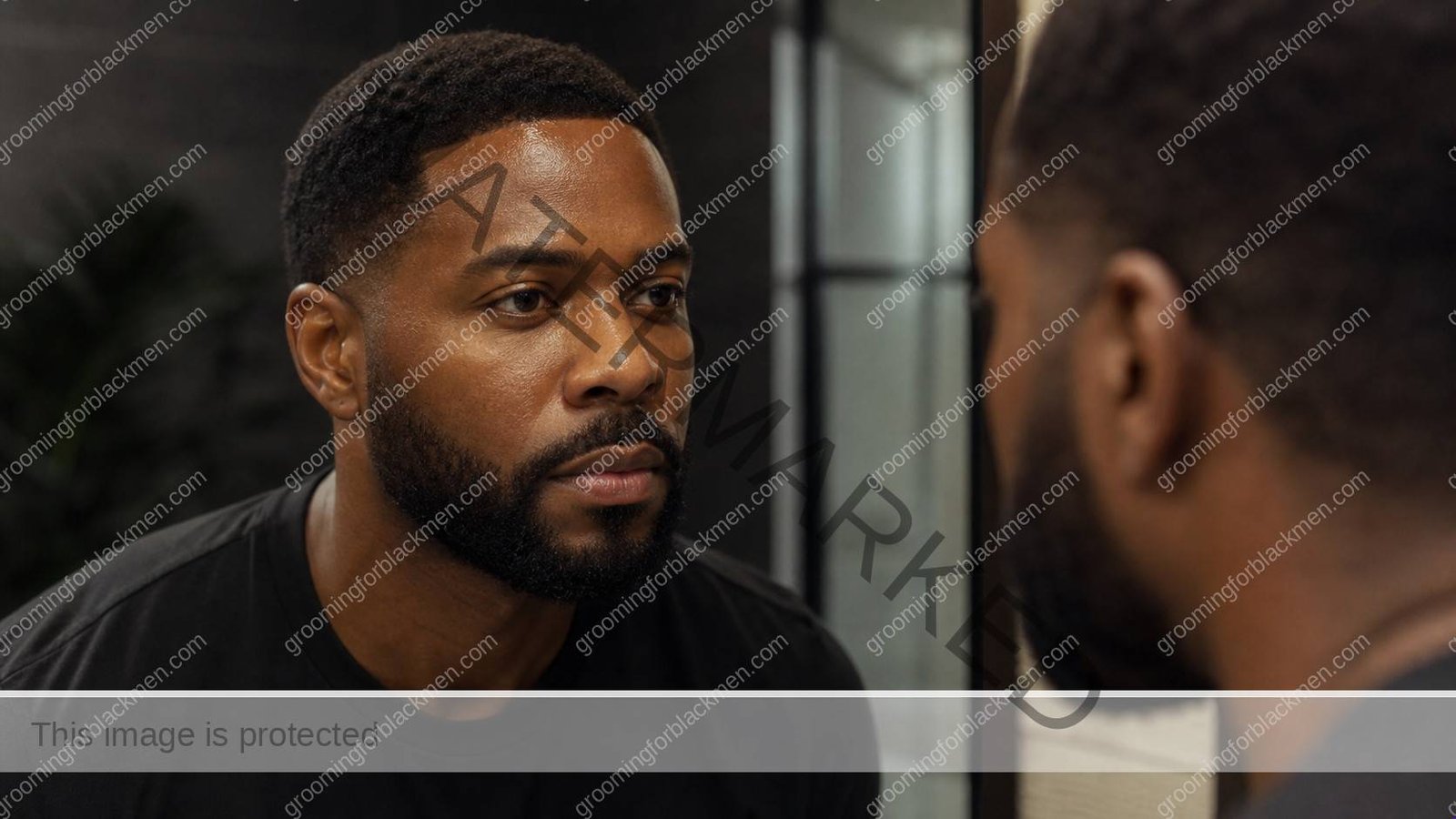 Black man assessing oily skin Black men control without drying with natural rich brown skin texture visible