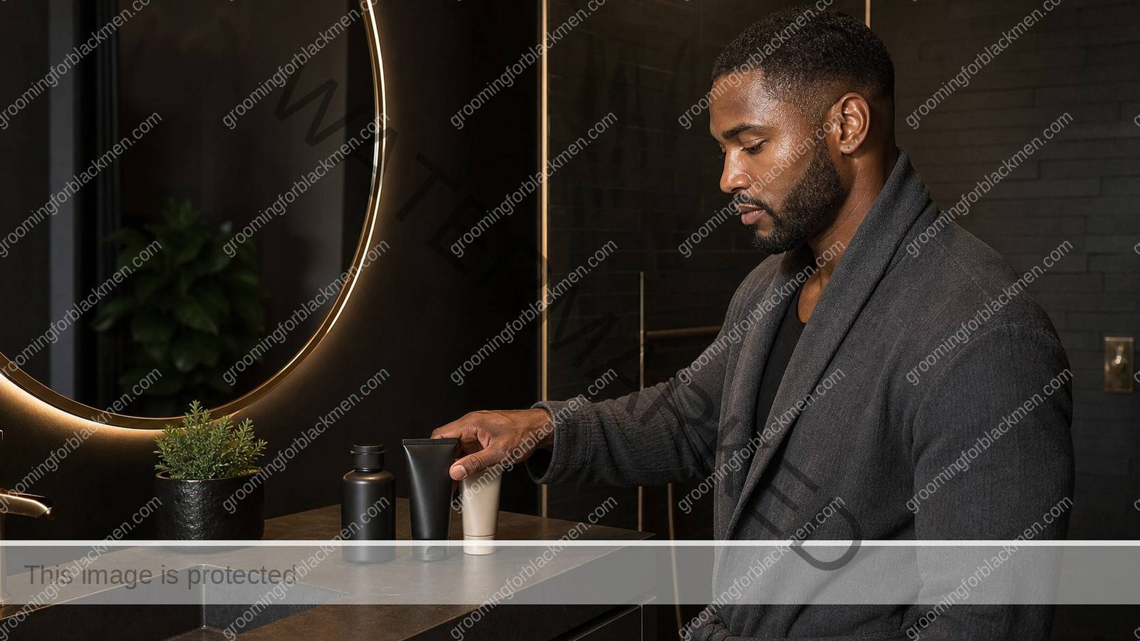Black man preparing a focused routine for oily skin Black men control without drying at a clean masculine vanity