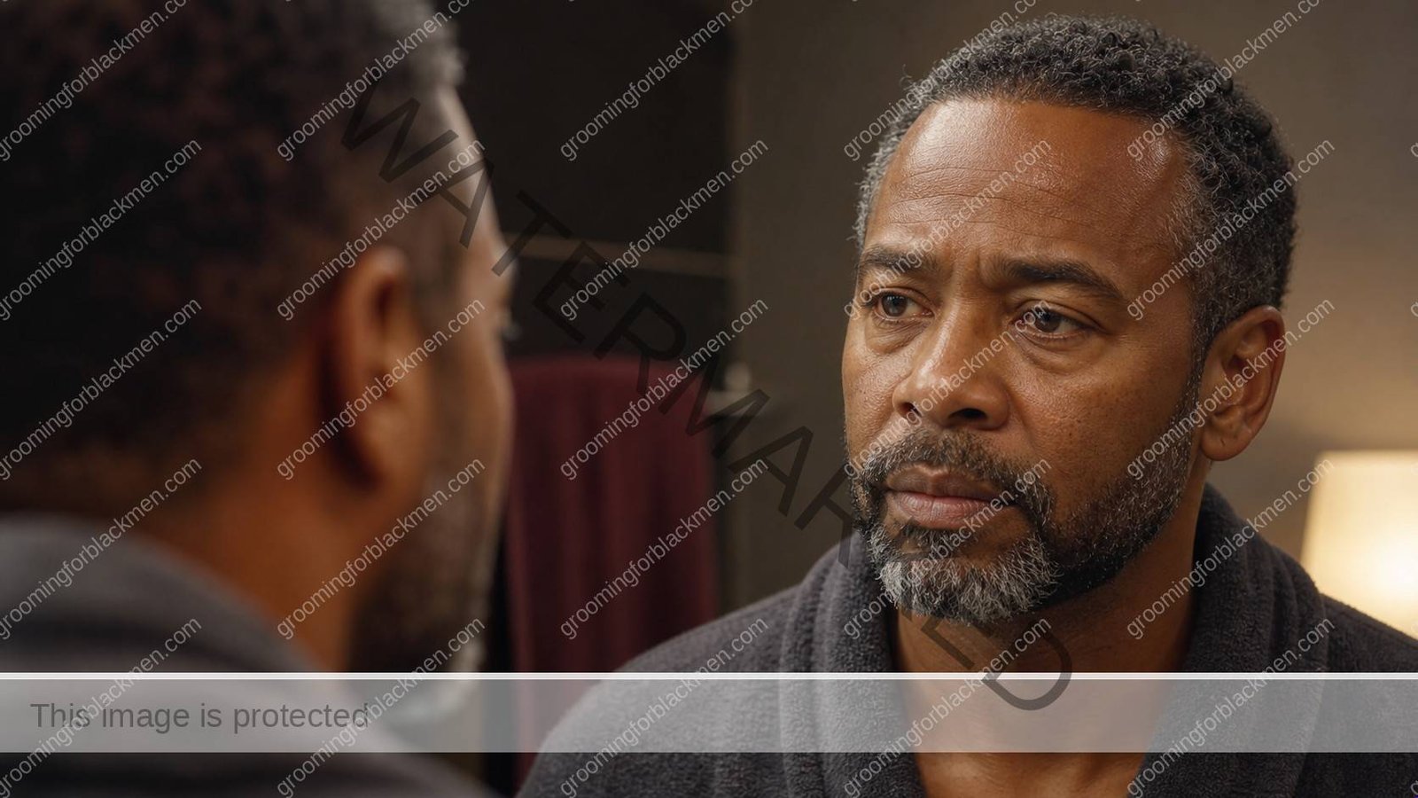 Black man assessing skincare routine Black men 40s aging with natural rich brown skin texture visible