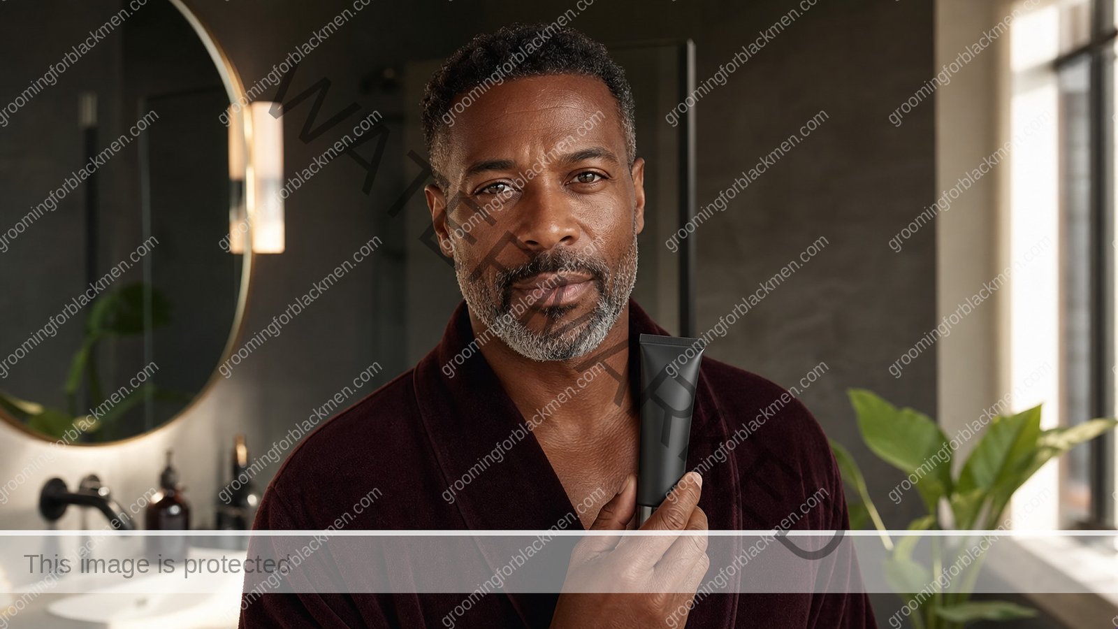 Black man in a premium editorial setting for skincare routine Black men 40s aging