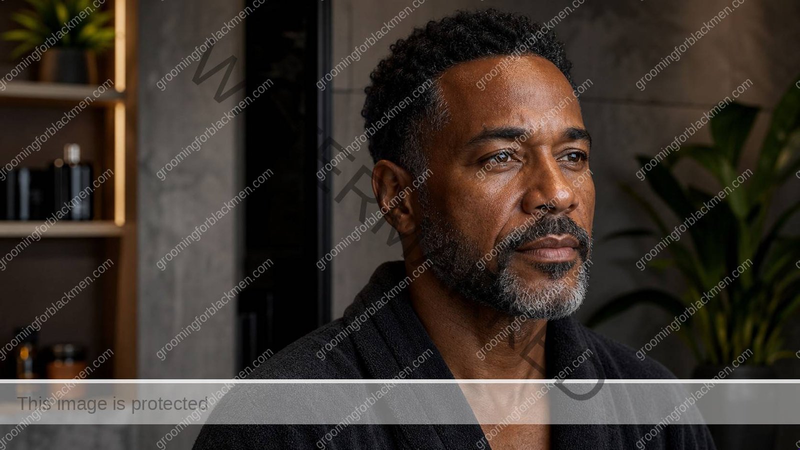 Black man completing a calm routine for skincare routine Black men 40s aging with realistic skin texture