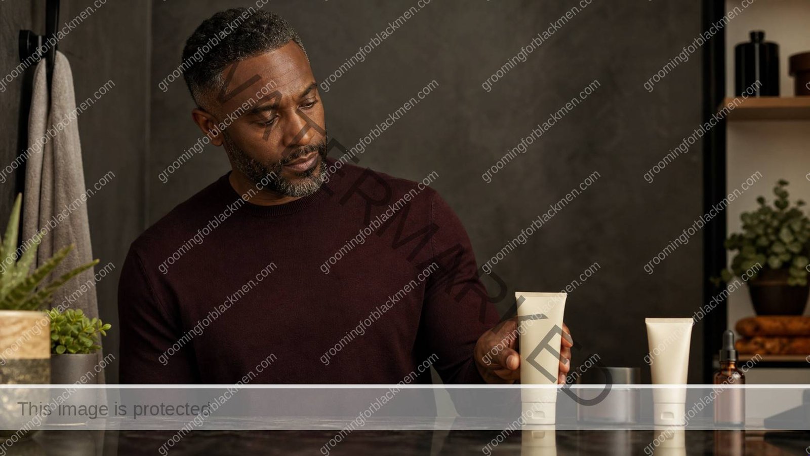 Black man preparing a focused routine for skincare routine Black men 40s aging at a clean masculine vanity