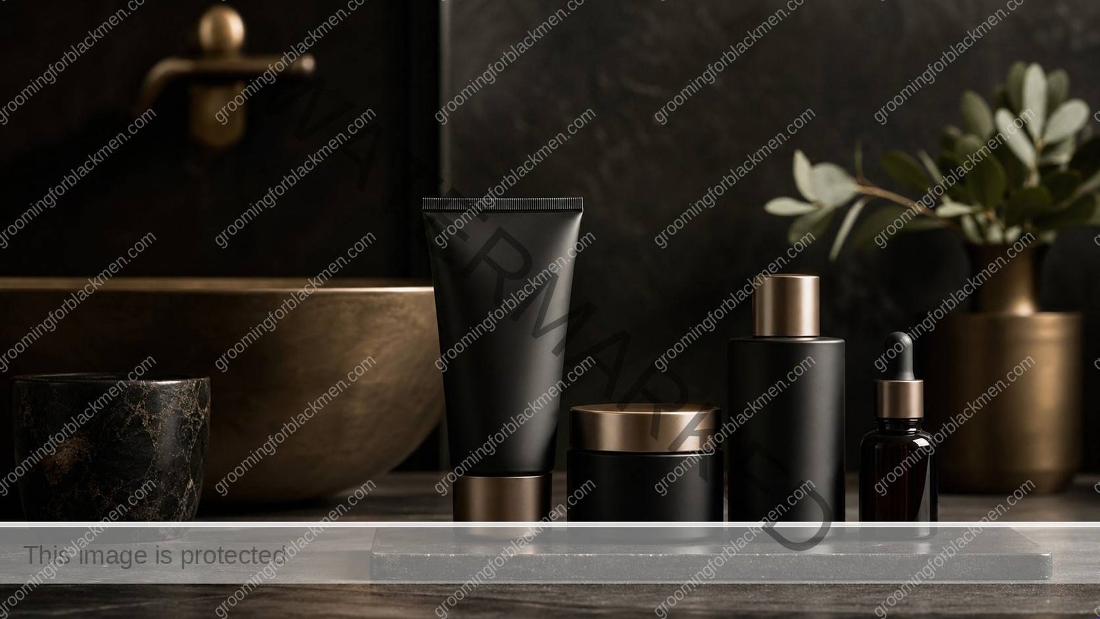 Unlabeled product types for skincare routine Black men 40s aging on a premium masculine vanity