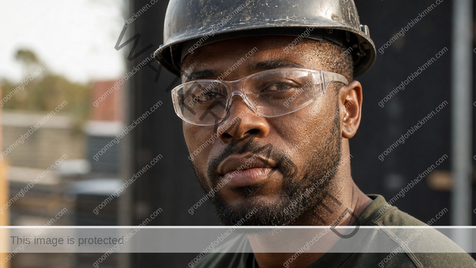 Black man assessing skincare for men who work outside Black men with natural rich brown skin texture visible