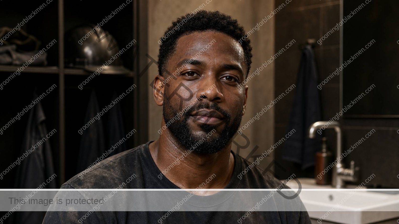 Black man completing a calm routine for skincare for men who work outside Black men with realistic skin texture