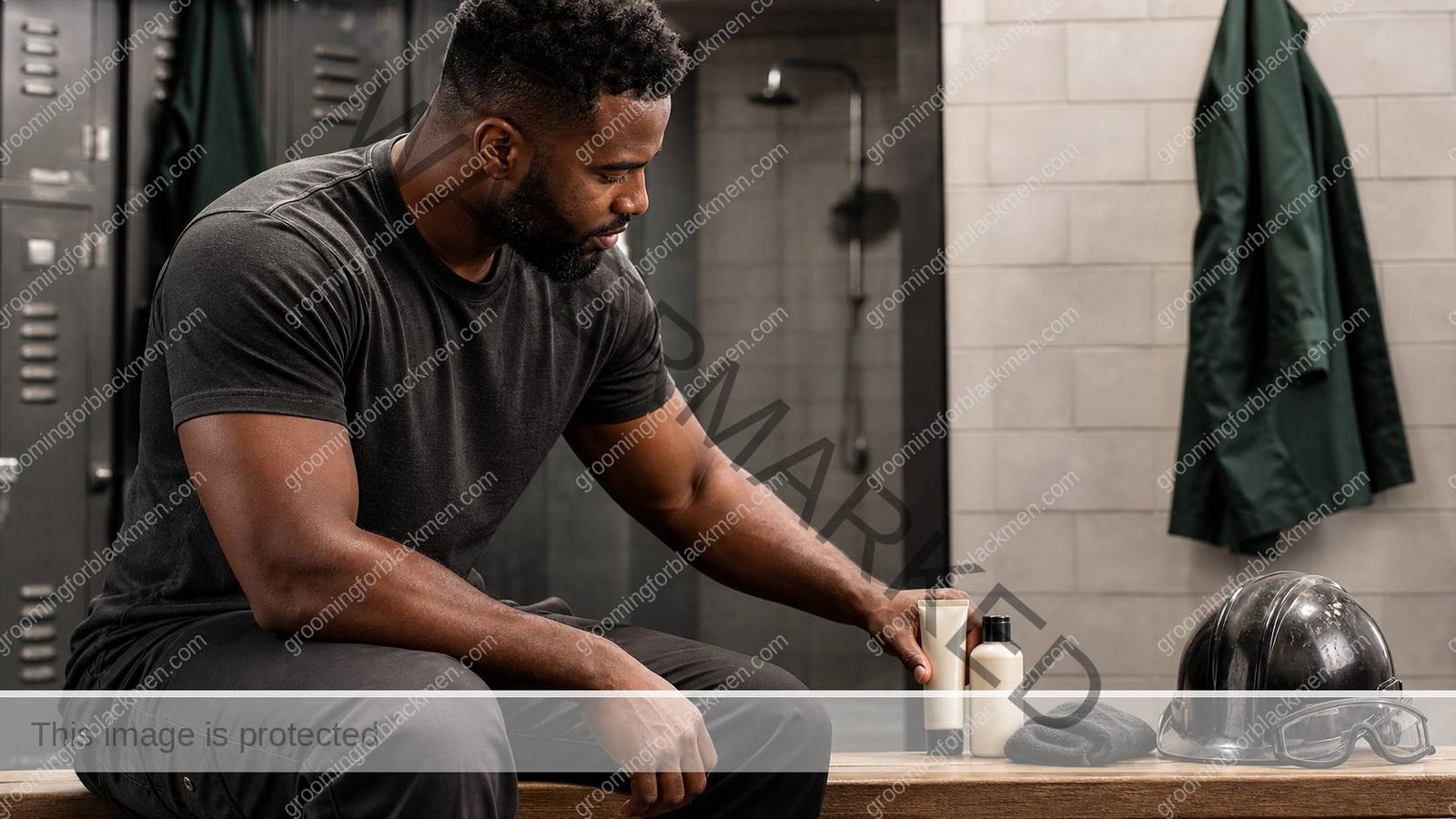 Black man preparing a focused routine for skincare for men who work outside Black men at a clean masculine vanity