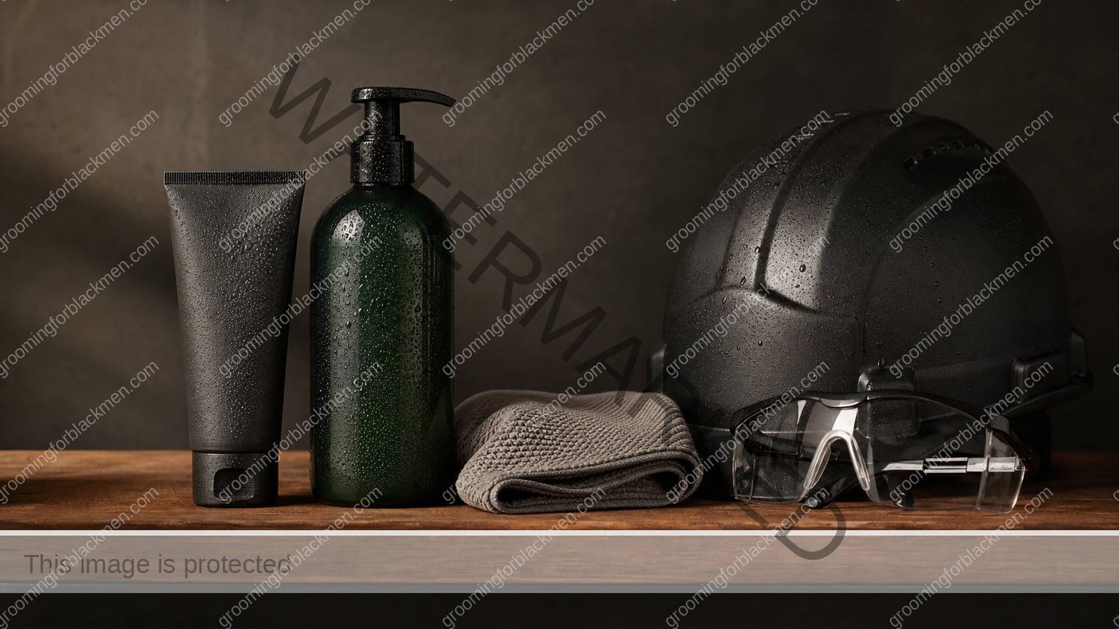 Unlabeled product types for skincare for men who work outside Black men on a premium masculine vanity