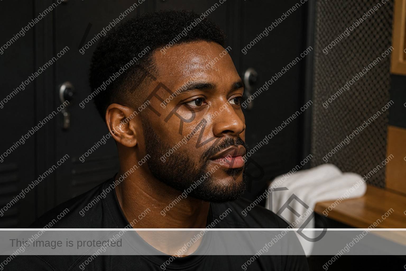 Black man assessing skincare routine gym workout Black men sweat with natural rich brown skin texture visible