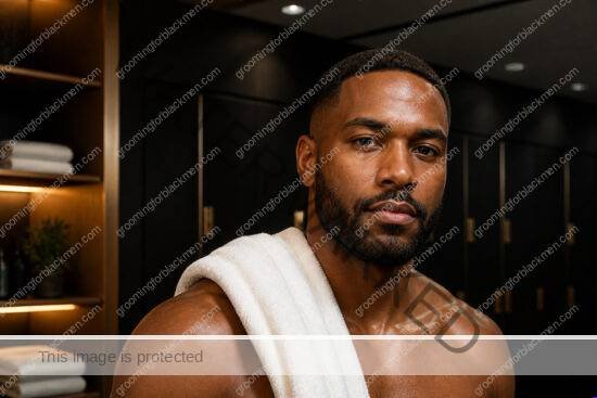 Black man in a premium editorial setting for skincare routine gym workout Black men sweat