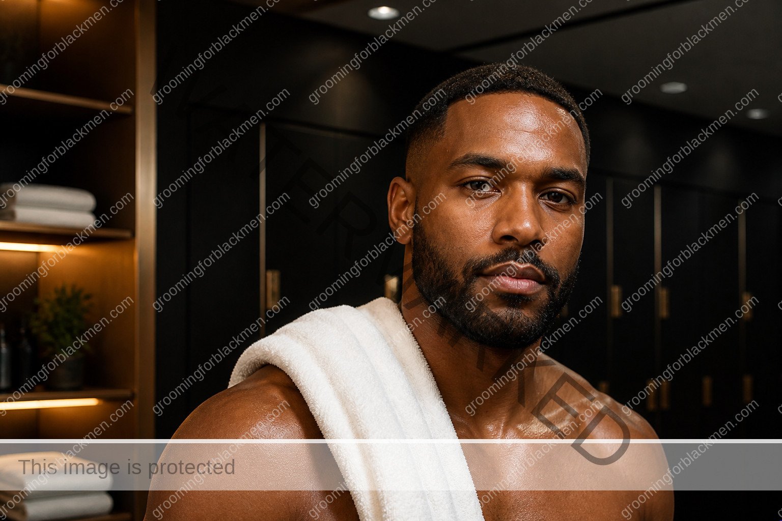 Black man in a premium editorial setting for skincare routine gym workout Black men sweat