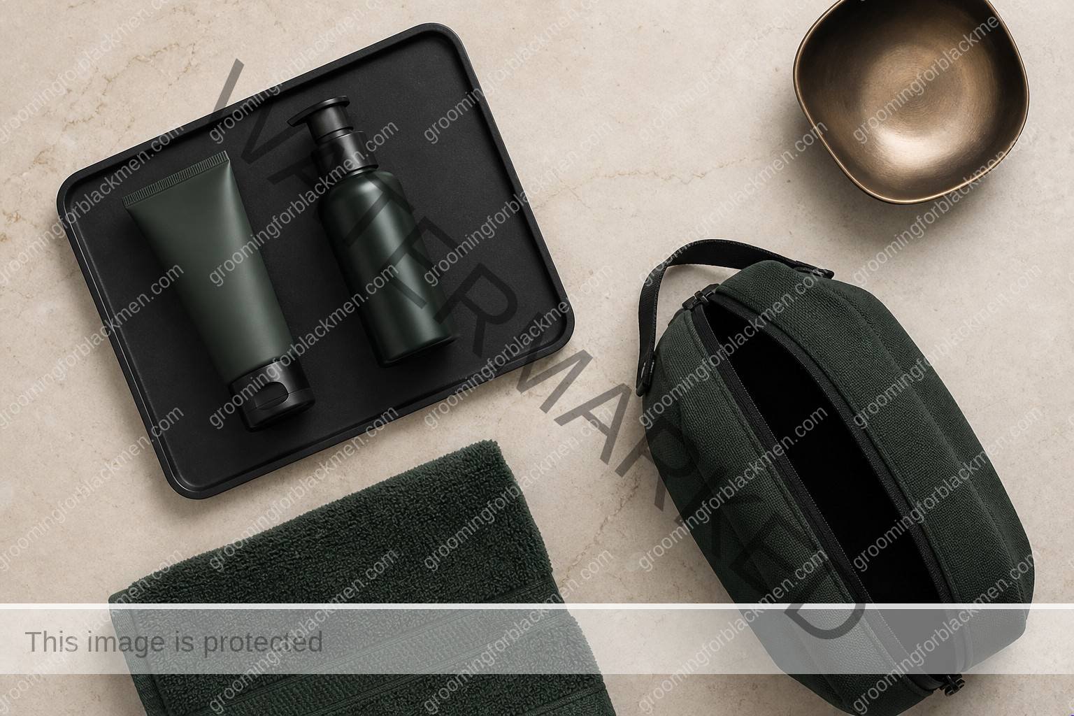 Black man preparing a focused routine for skincare routine gym workout Black men sweat at a clean masculine vanity