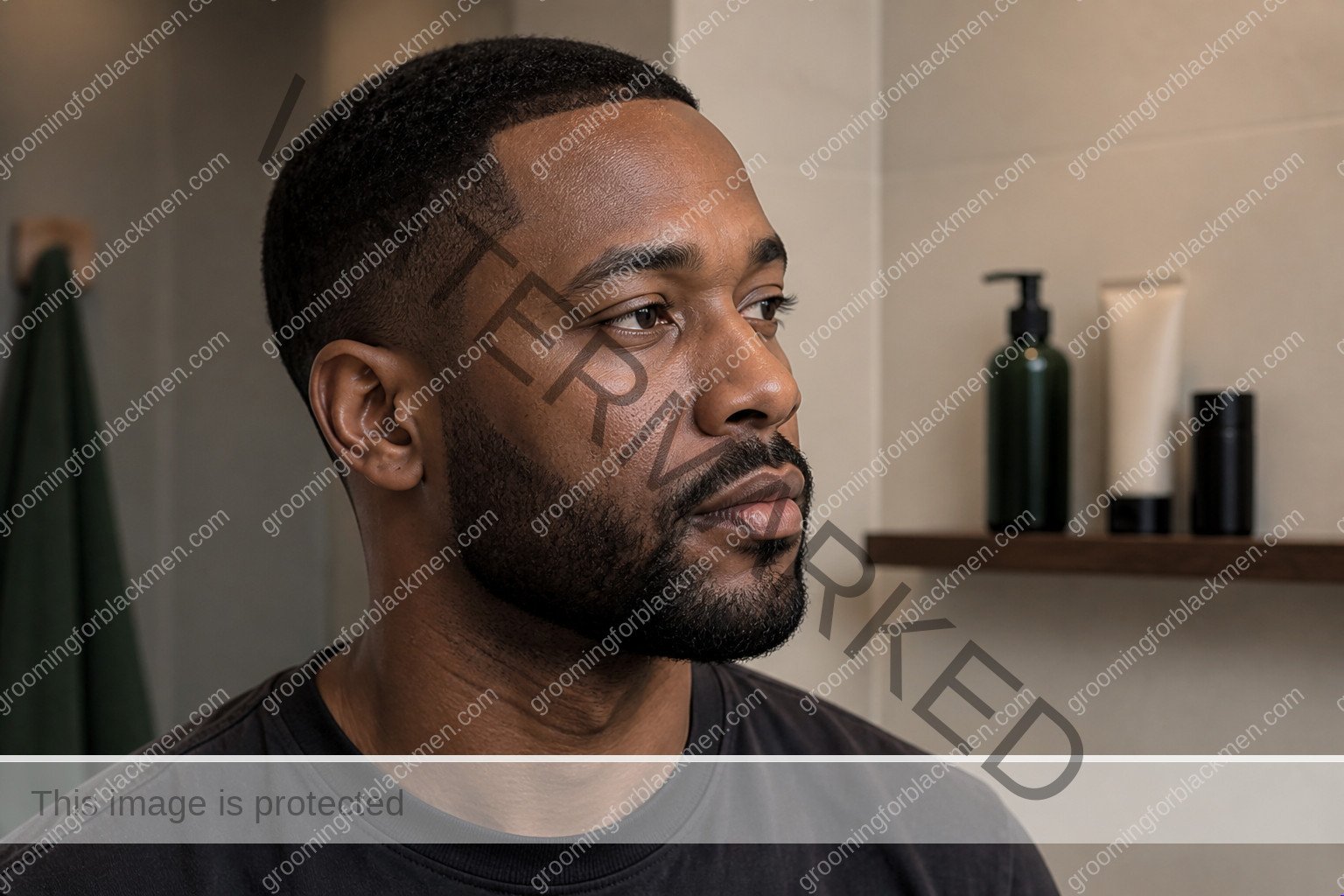 Black man assessing skincare routine Black men budget cheap with natural rich brown skin texture visible