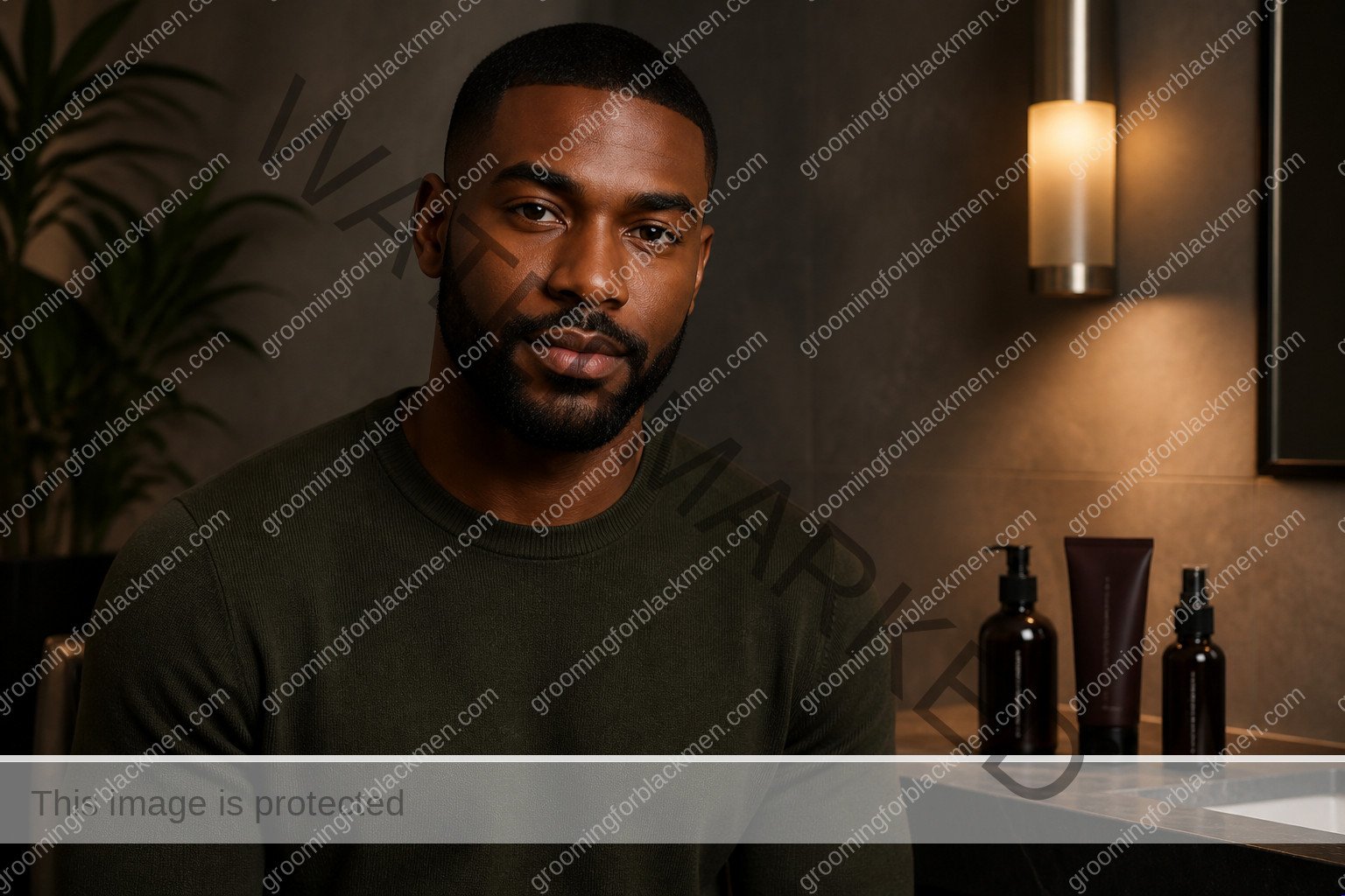 Black man completing a calm routine for skincare routine Black men budget cheap with realistic skin texture