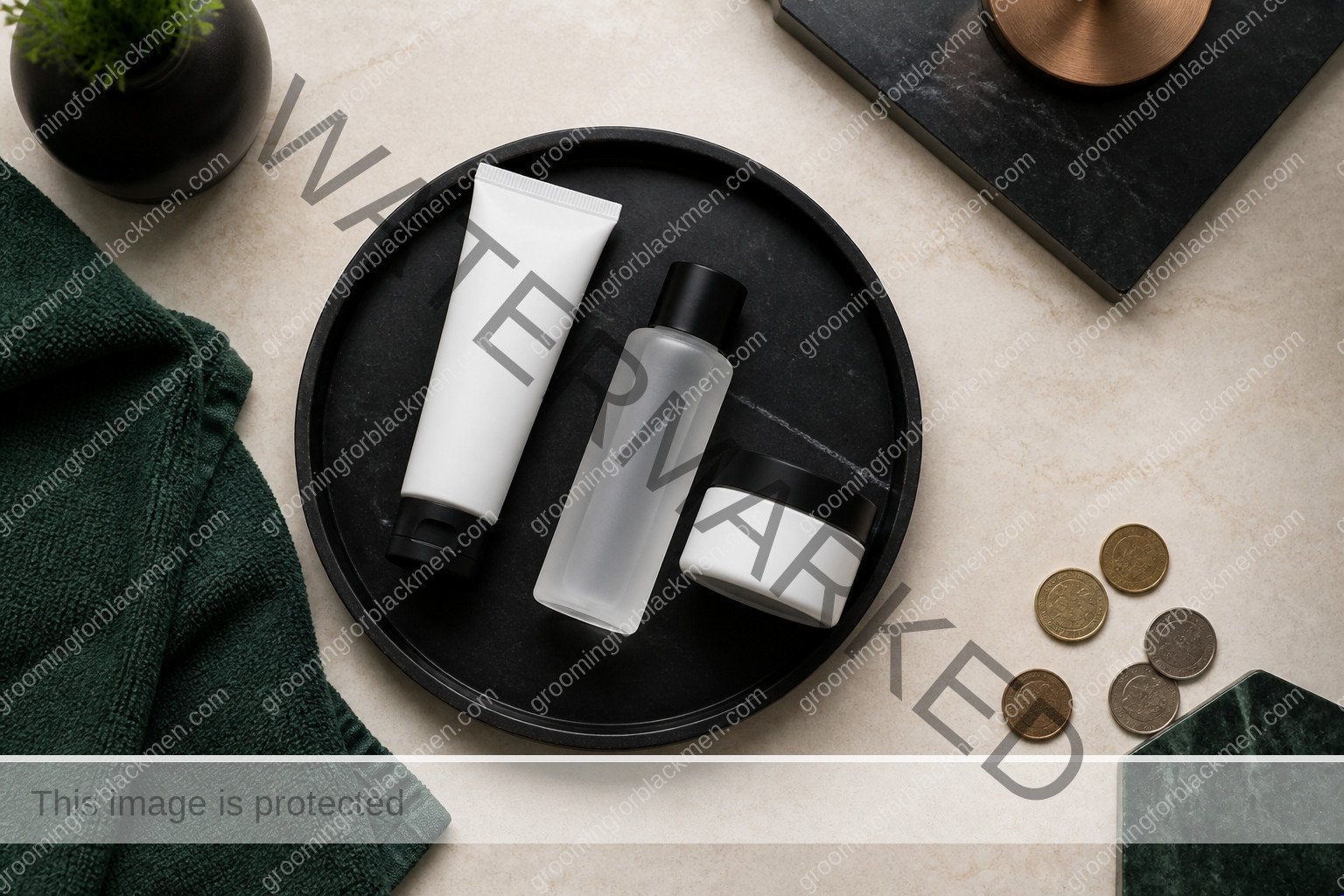 Black man preparing a focused routine for skincare routine Black men budget cheap at a clean masculine vanity
