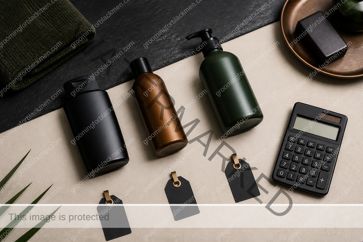 Unlabeled product types for skincare routine Black men budget cheap on a premium masculine vanity