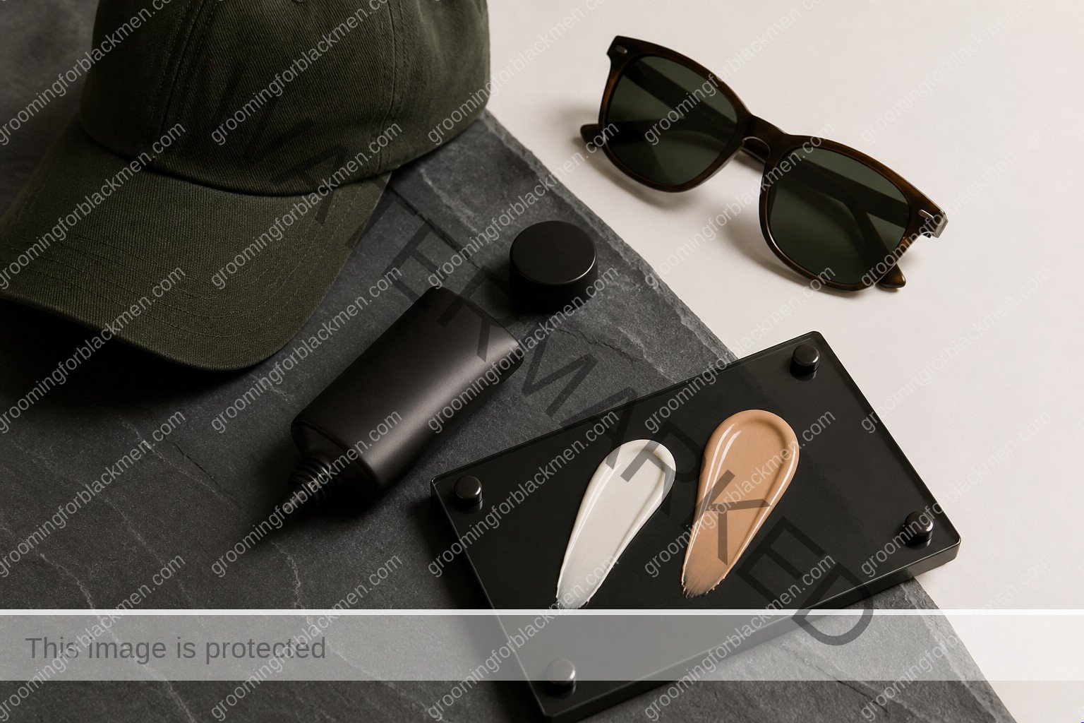 Unlabeled product types for sunscreen for Black men why necessary on a premium masculine vanity