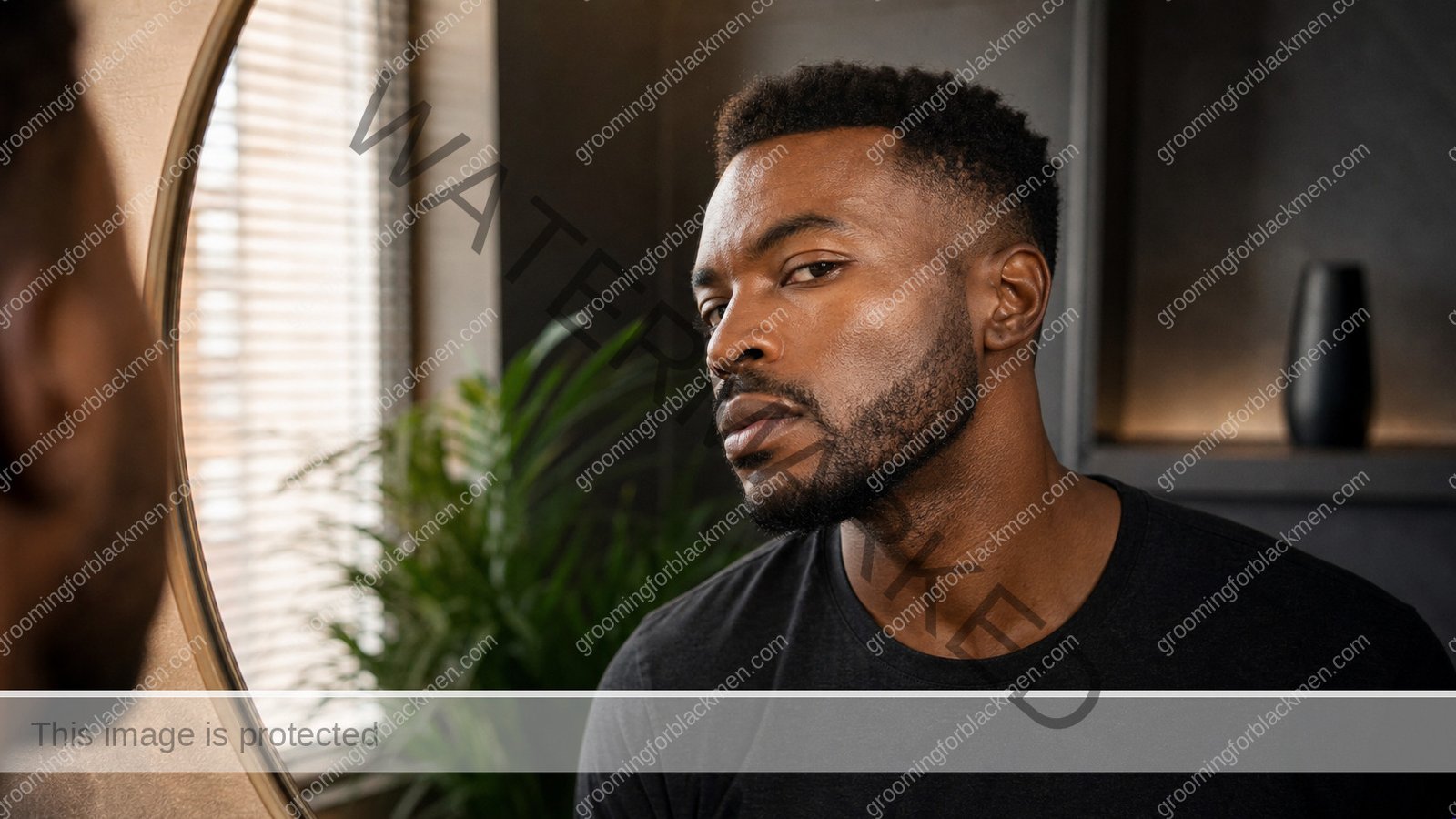 Black man assessing vitamin C serum for Black men dark skin with natural rich brown skin texture visible