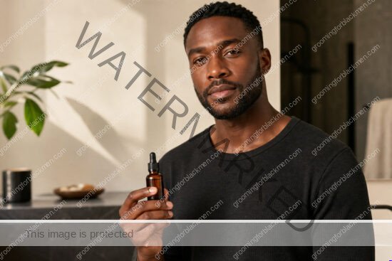 Black man in a premium editorial setting for vitamin C serum for Black men dark skin