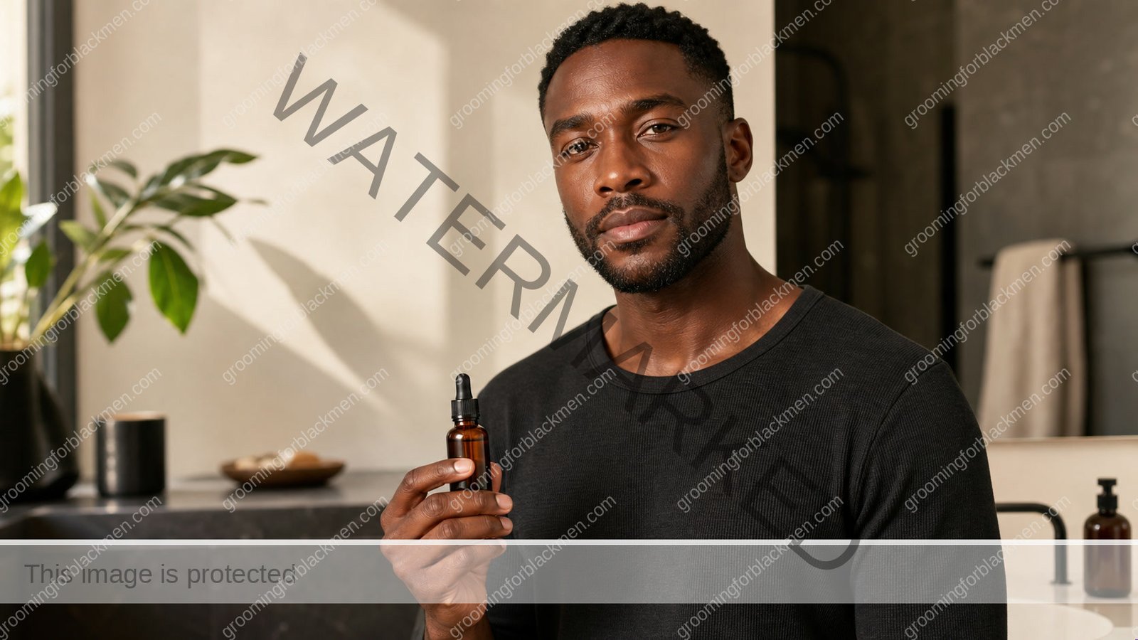 Black man in a premium editorial setting for vitamin C serum for Black men dark skin