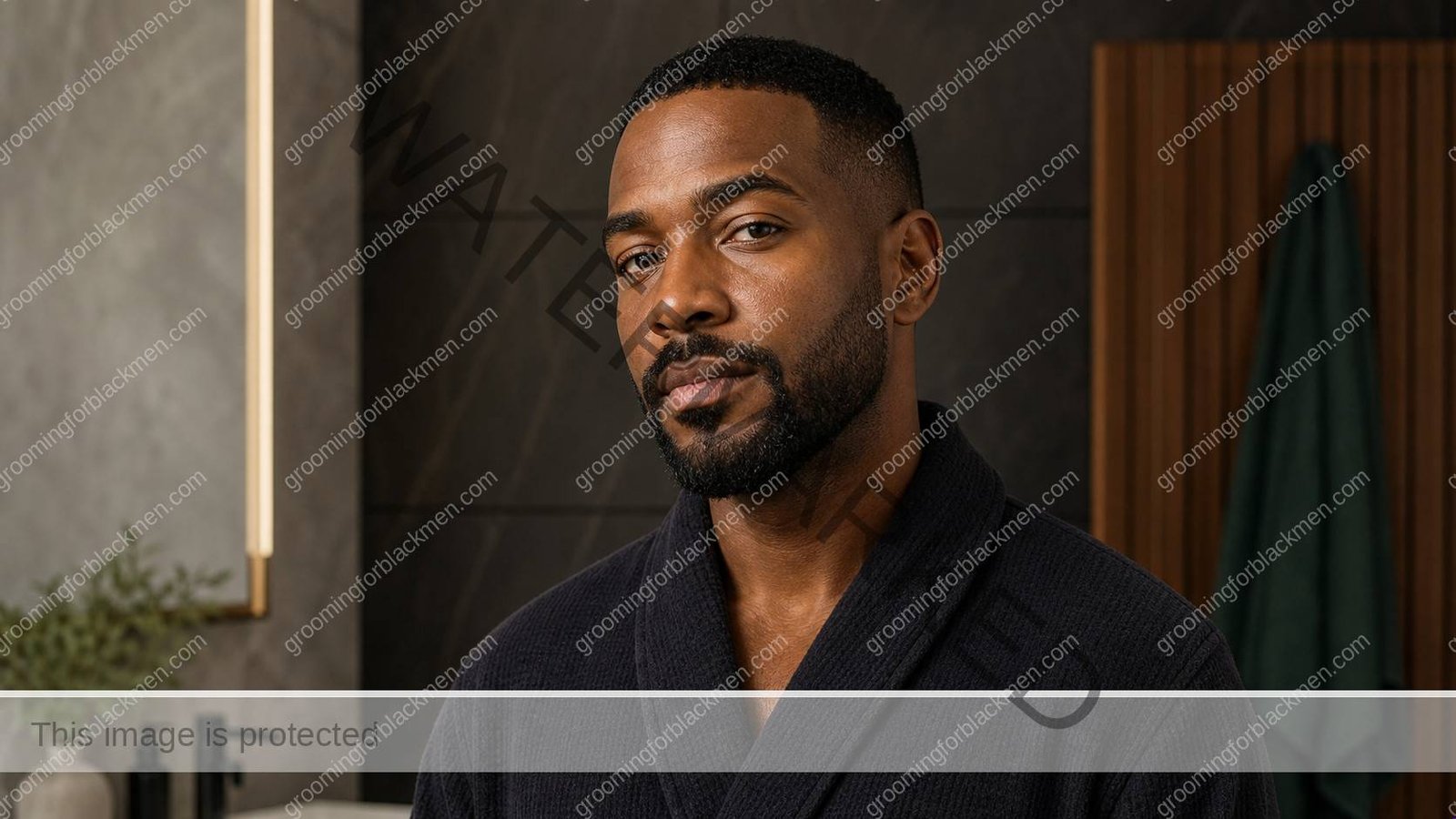Black man completing a calm routine for vitamin C serum for Black men dark skin with realistic skin texture