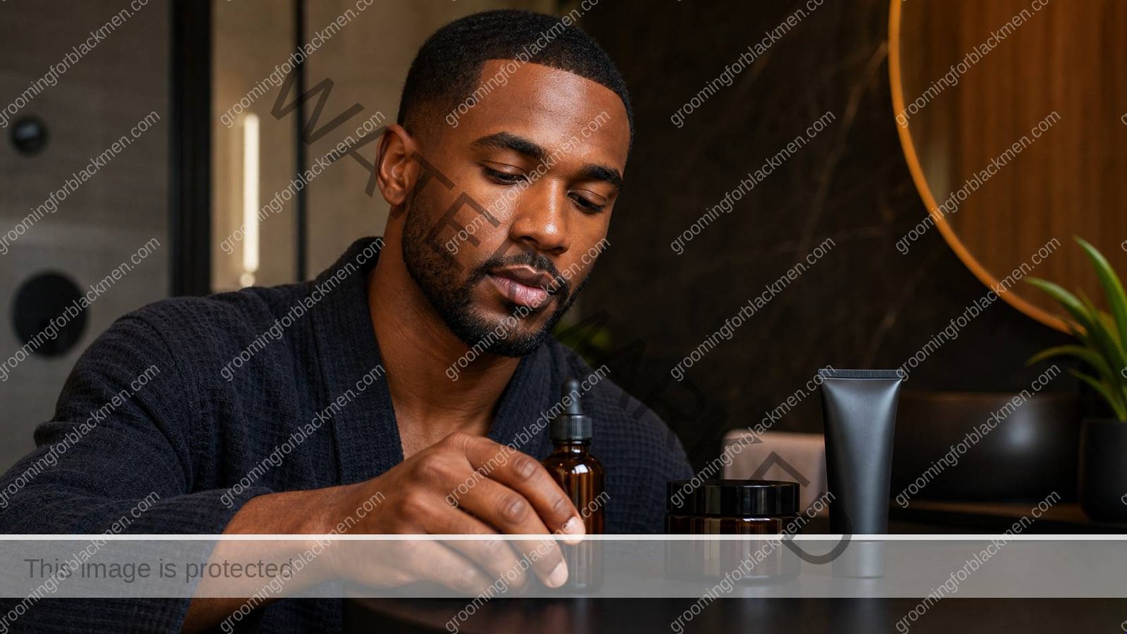 Black man preparing a focused routine for vitamin C serum for Black men dark skin at a clean masculine vanity