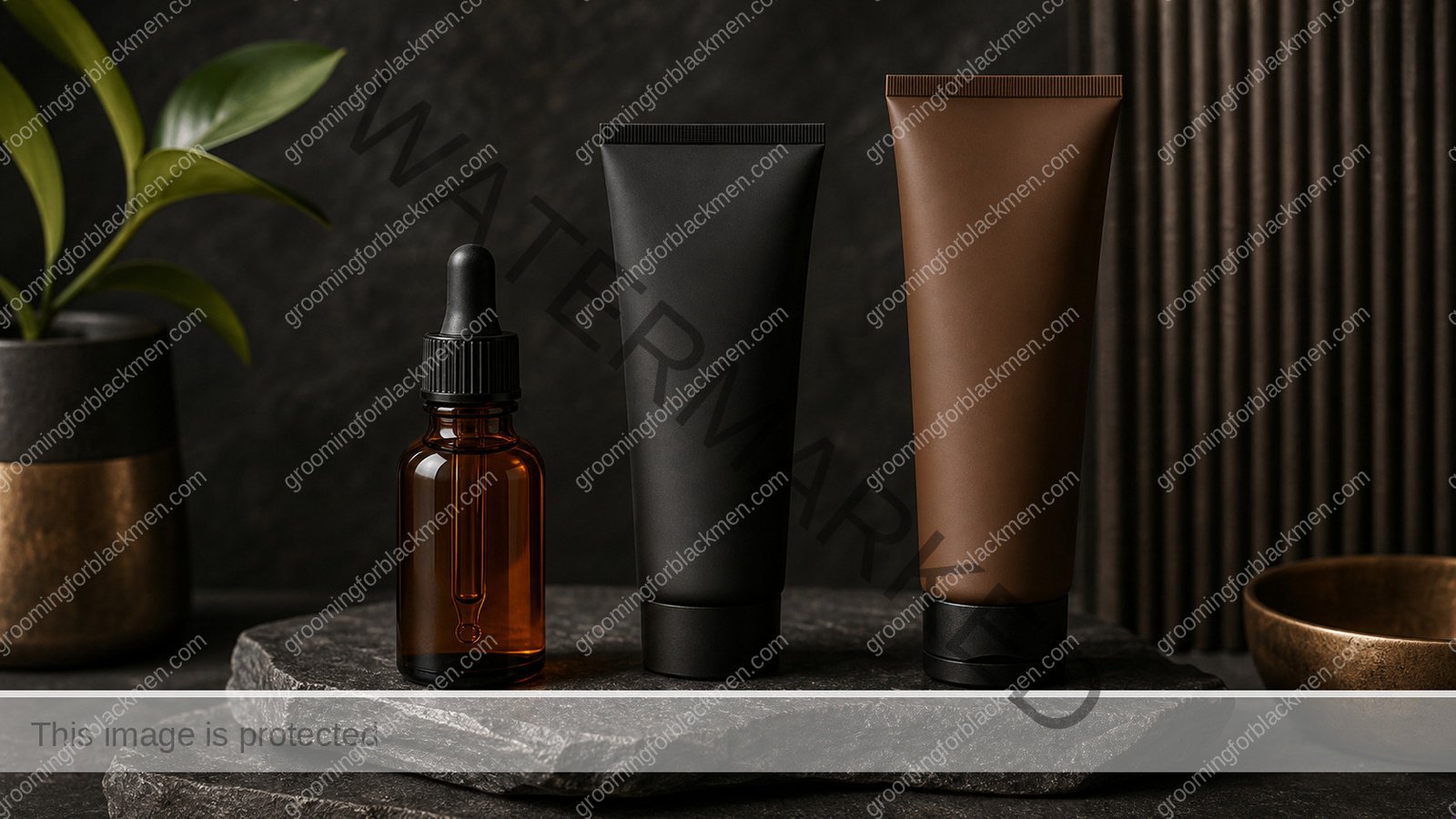 Unlabeled product types for vitamin C serum for Black men dark skin on a premium masculine vanity