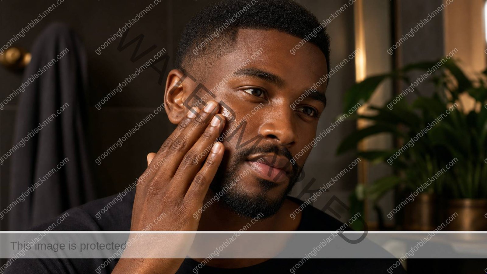 Black man using gentle skincare technique for vitamin C serum for Black men dark skin with anatomically correct hands